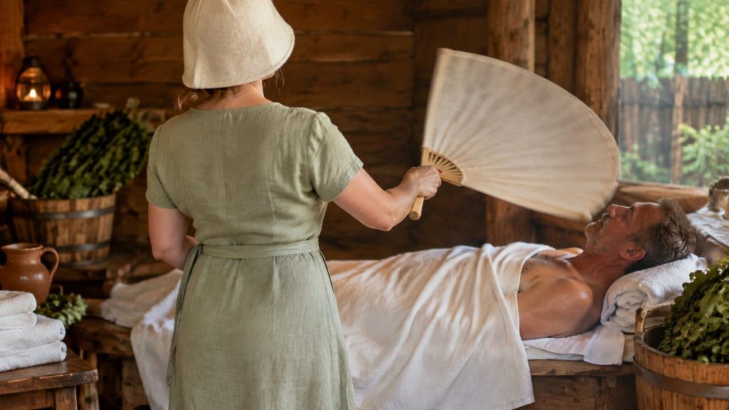 Пармастерица обмахивает гостя опахалом после парения