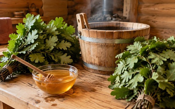 Веники, кадушка и мёд в бане пармастерицы в Красногорске